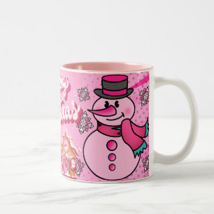 Tasse 2 Couleurs bonhomme de neige rose, joyeux noel