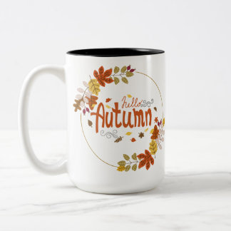 Tasse 2 Couleurs Bonjour Automne avec motif de feuilles