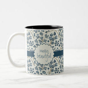 Tasse 2 Couleurs Bonjour Belle Aquarelle Bleue Fleurs de Voie
