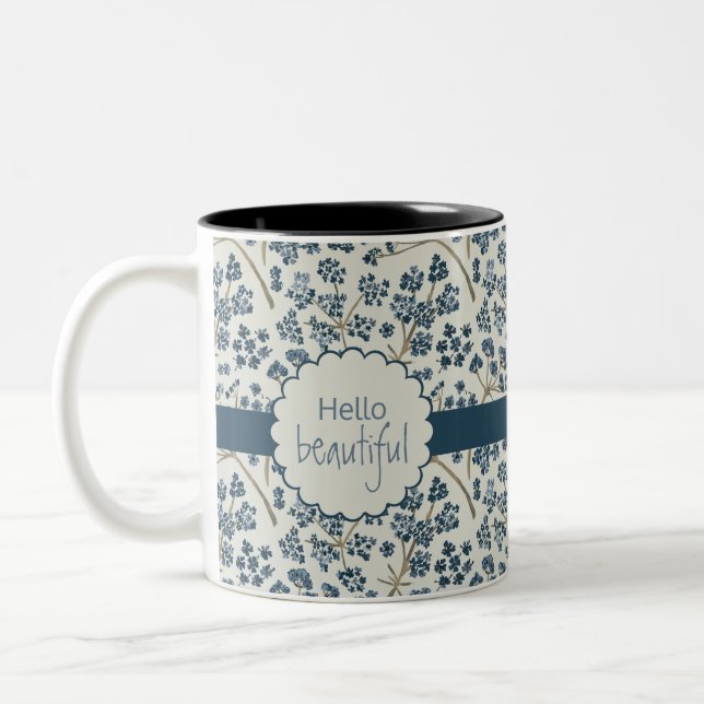 Tasse 2 Couleurs Bonjour Belle Aquarelle Bleue Fleurs de Voie (Gauche)