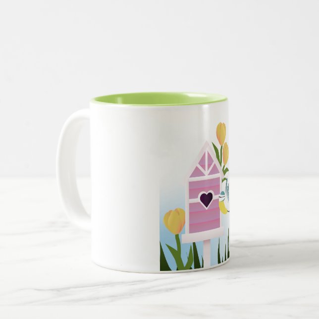 Tasse 2 Couleurs Bonjour Printemps - Pastel Birdhouse et Tulips Jau (Devant gauche)