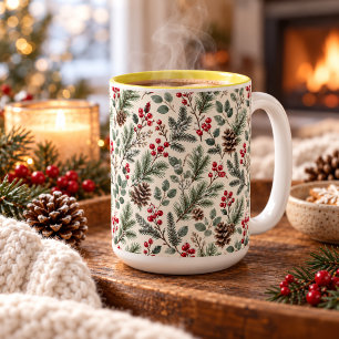Tasse 2 Couleurs Botanique d'hiver à l'aquarelle pin et baies