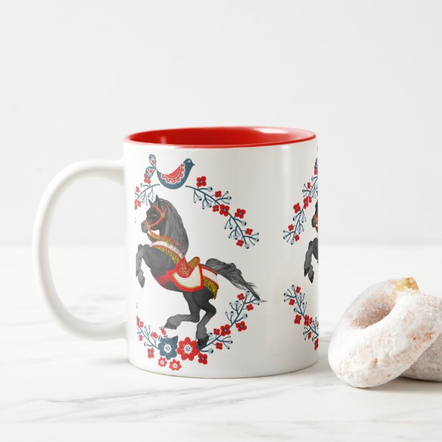 Tasse 2 Couleurs Boue de Cheval Floral Rouge (Avec donut)