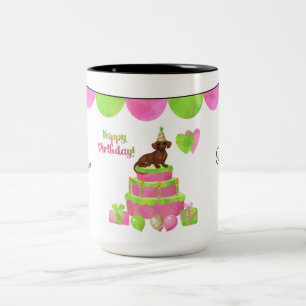Tasse 2 Couleurs Boug d'anniversaire rose et vert Dachshund