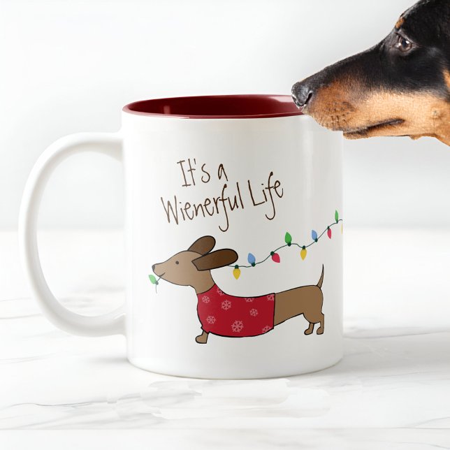 Tasse 2 Couleurs Boug de Noël Dachshund de la vie de veuve (Life is Wienerful dachshund christmas coffee mug for wiener dog moms, doxie dads & sausage dog love )