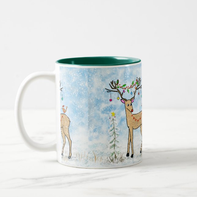 Tasse 2 Couleurs Boug de Noël des cerfs et des oiseaux (Gauche)