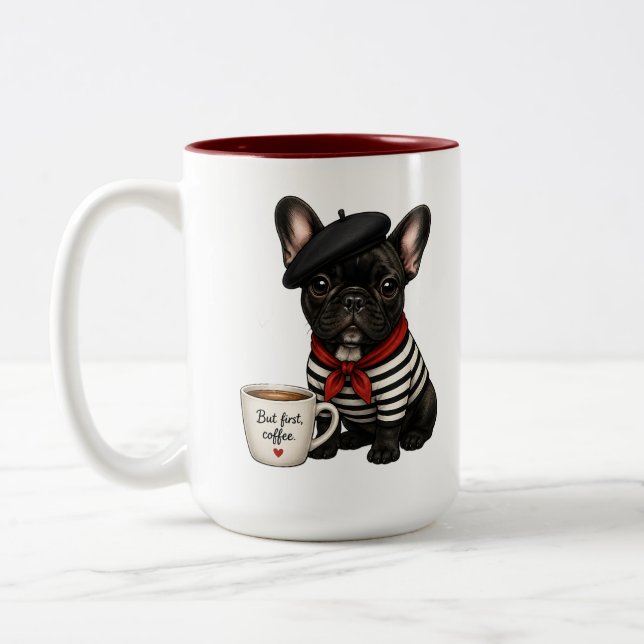 Tasse 2 Couleurs Bouledogue français avec café (Gauche)