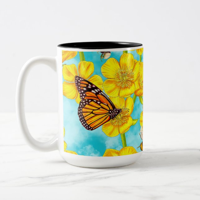 Tasse 2 Couleurs Boutons, abeilles et papillons sur les nuages (Gauche)