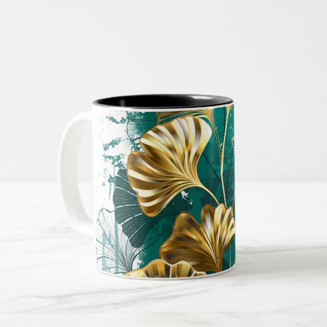Tasse 2 Couleurs Branche avec Feuilles d'or Ginko Biloba (Devant gauche)