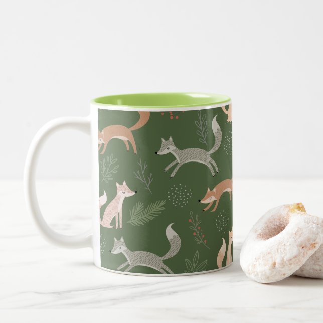 Tasse 2 Couleurs Branches d'hiver Fox sans joint et Motif Feuille (Avec donut)
