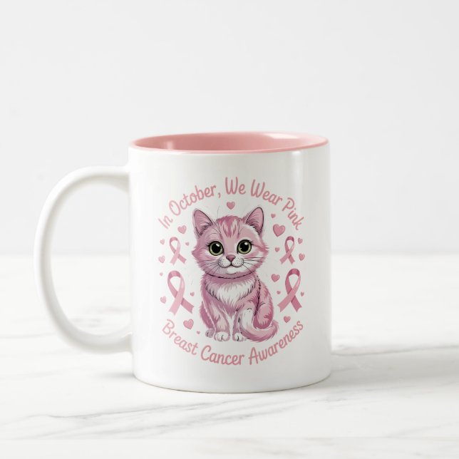 Tasse 2 Couleurs Breast Cancer Awareness Cat in October We Wear (Gauche)