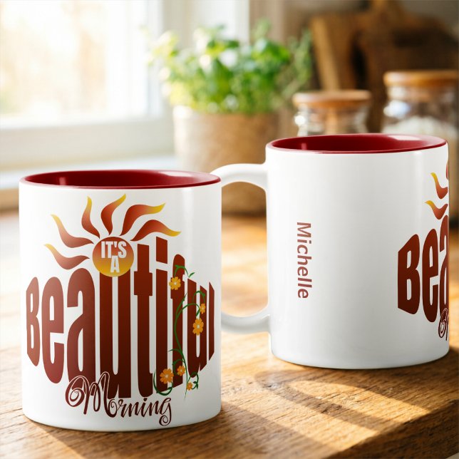 Tasse 2 Couleurs Brick Red Sunrise (Coffee tastes better in a cute hand drawn mug. Customize it with your name.)