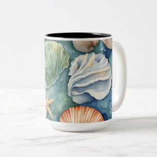 Tasse 2 Couleurs Brise Océanique Aquarelle : Coquillage et Étoile d