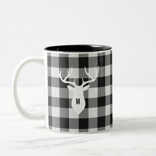 Tasse 2 Couleurs Buffle noir rustique Chèque Cerf Monogramme (Gauche)