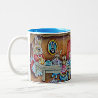Tasse 2 Couleurs Bunny Rabbit Famille de cacao chaud Bref aquarelle