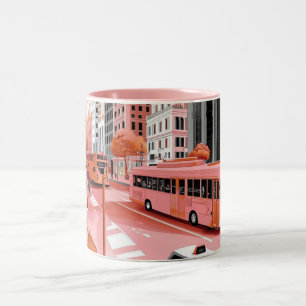 Tasse 2 Couleurs Bus rose de style vintage dans un paysage urbain,