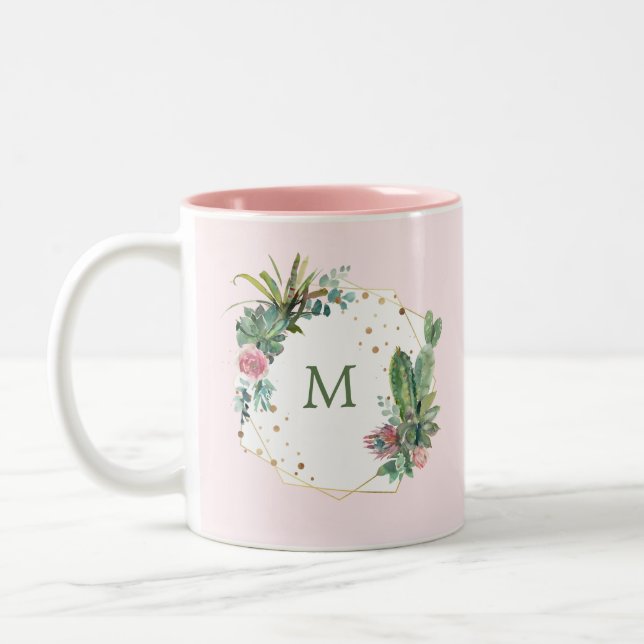 Tasse 2 Couleurs Cactus géométriques floues avec Monogramme (Gauche)