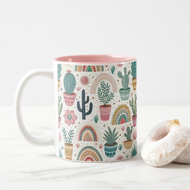 Tasse 2 Couleurs Cactus Pot with Plants, Flowers and Rainbows (Avec donut)
