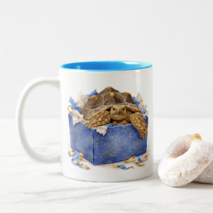 Tasse 2 Couleurs Cadeau d'anniversaire Tortue Bleu et Or Aquarelle