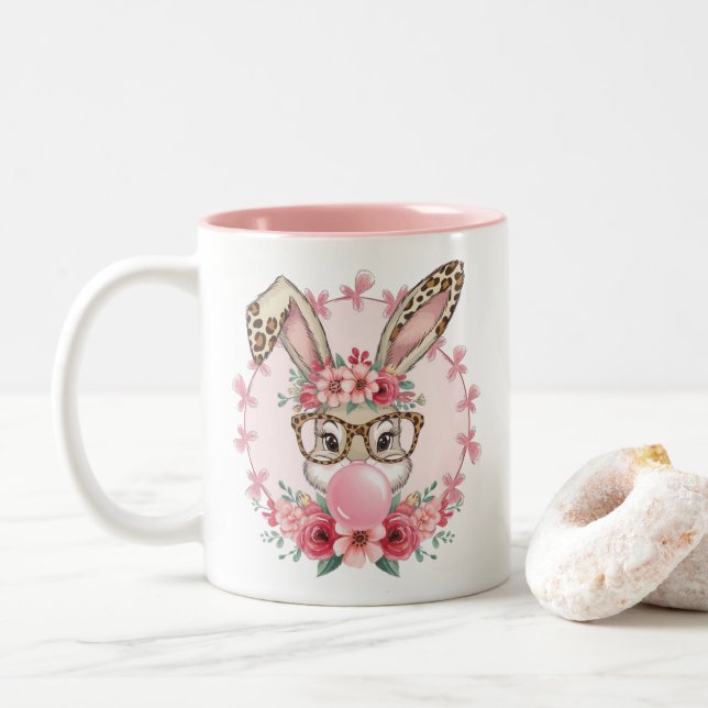Tasse 2 Couleurs Cadeau de lapin floral mignon de Pâques léopard  (Avec donut)