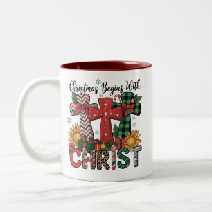 Tasse 2 Couleurs Cadeau de Noël Joyeux Xmas Carreaux Religieux Croi