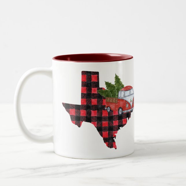 Tasse 2 Couleurs Cadeau de Noël Texas Plaid Rouge Camionnette (Gauche)