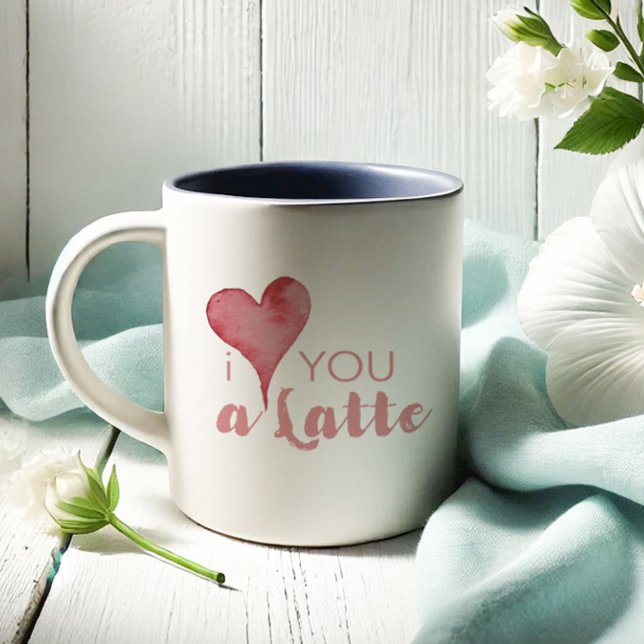 Tasse 2 Couleurs Cadeaux de la journée de l'amoureux du café Valent (Charming valentines gift ideas I Love You A Latte coffee mugs with watercolor heart.)