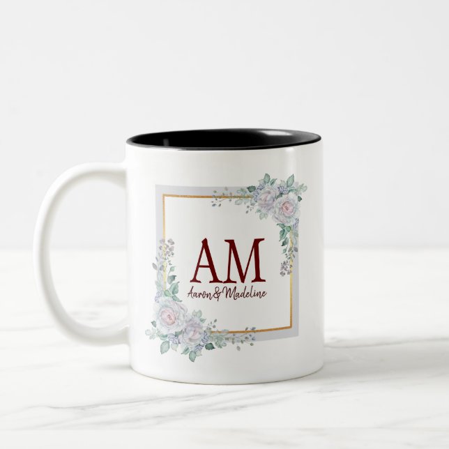 Tasse 2 Couleurs Cadre Rose de monogramme floral personnalisé (Gauche)