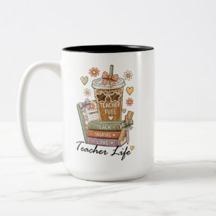 Tasse 2 Couleurs Café Livres Carburant Enseignant Vie d'enseignant