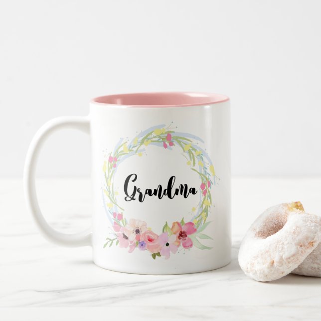 Tasse 2 Couleurs Calligraphie Grand-mère et aquarelle couronne flor (Avec donut)