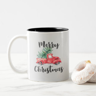 Tasse 2 Couleurs Camion rouge et arbre Joyeux Noël
