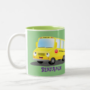 Tasse 2 Couleurs Caricature du bus scolaire jaune joyeux