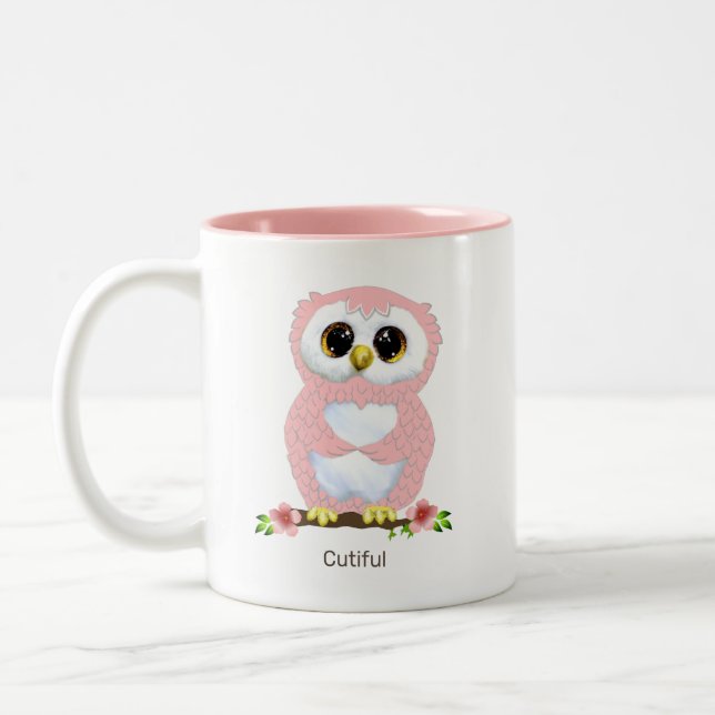 Tasse 2 Couleurs Caricature et calligraphie de Chouette rose (Gauche)