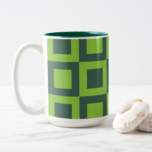 Tasse 2 Couleurs Carrés Verts Géométrique (Avec donut)