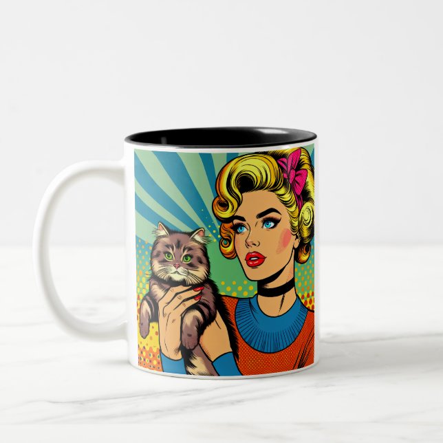 Tasse 2 Couleurs Cartoon Comic Pop Art Femmes tenant un chat (Gauche)