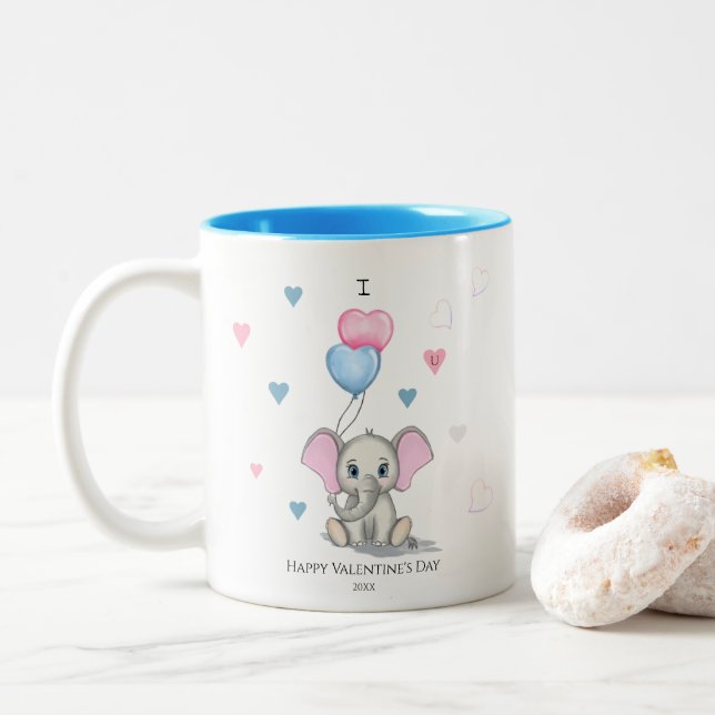 Tasse 2 Couleurs Cartoon Eléphant mignon | Personnalisé Valentine's (Avec donut)