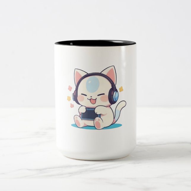 Tasse 2 Couleurs Casque de jeu console portable Chibi Chat Mignon  (Centre)