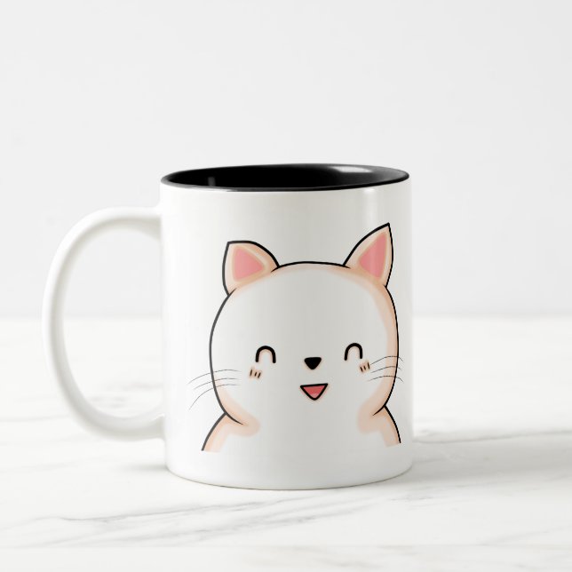 Tasse 2 Couleurs Cat Little Cat Kawaii Closed Eyes Animal Drawing. (Gauche)
