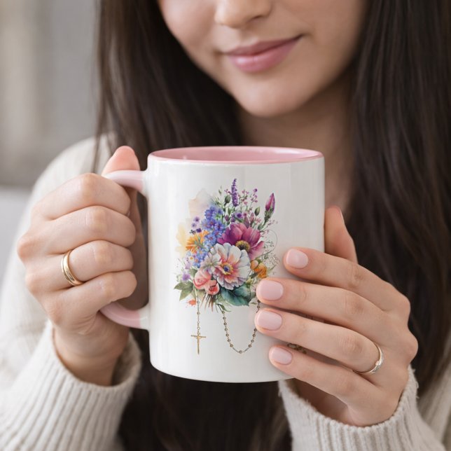 Tasse 2 Couleurs Catholique Floral Bouquet Memorare Prière Rosaire (Créateur téléchargé)