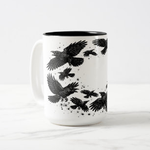 Tasse 2 Couleurs Cercle de corbeaux – Illustration à l'encre hantée
