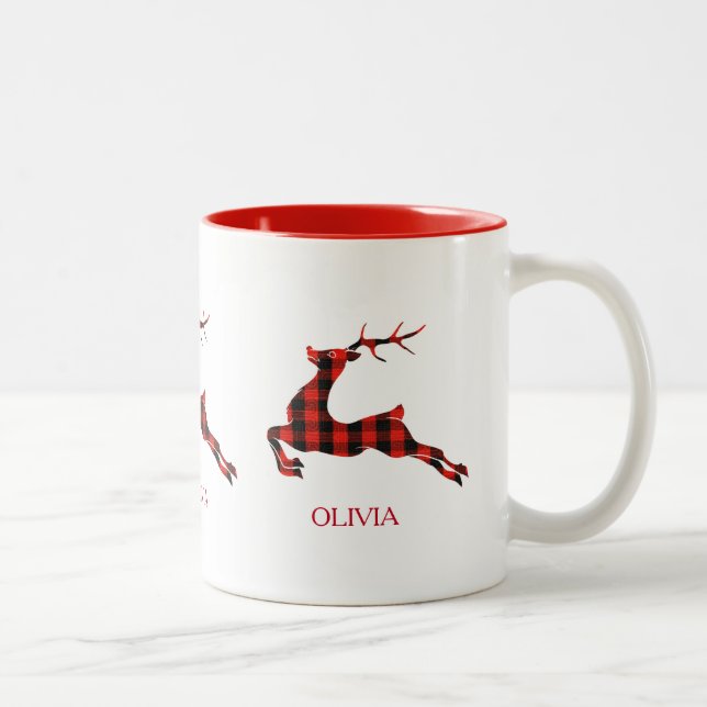Tasse 2 Couleurs Cerf de Noël rouge et noir plaid (Droit)