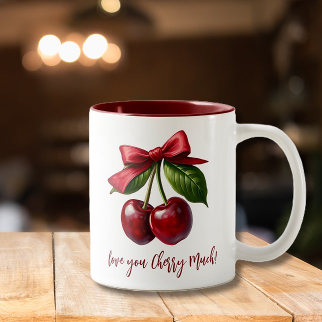 Tasse 2 Couleurs Cerises et un Bow-Love Vous Cherchez beaucoup (Cherry Red with a Bow-Two toned mug-Love you Cherry Mug)