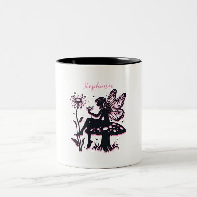 Tasse 2 Couleurs Champignon et fleur de fée mignons noir et rose (Centre)