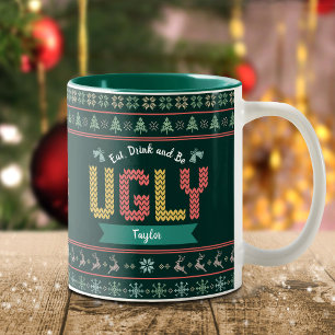 Tasse 2 Couleurs Chandail de Noël moche Knit nordique Votre nom Ver
