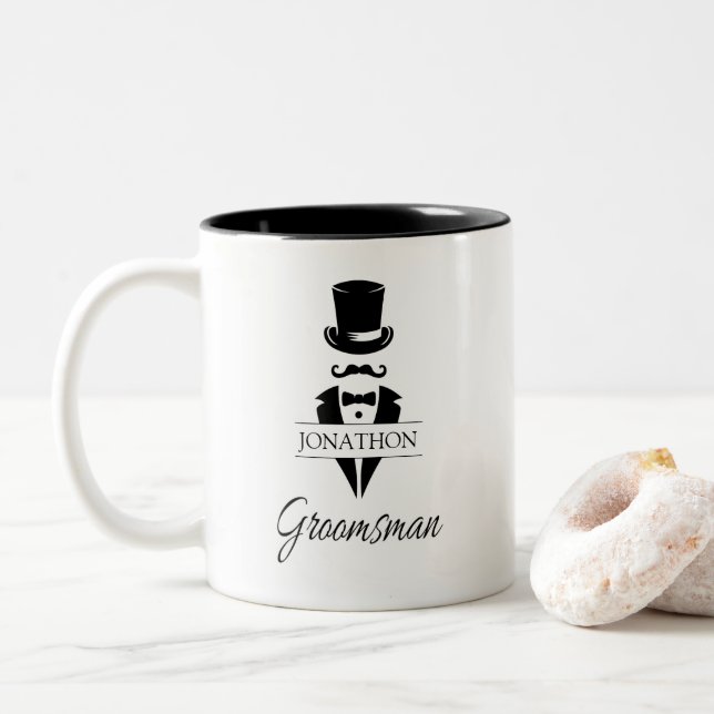 Tasse 2 Couleurs Chapeau Haut-de-Forme Smoking Nom du Garçon d'Honn (Avec donut)