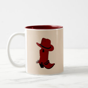 Tasse 2 Couleurs Chapeau rouge country & bottes sur fond beige
