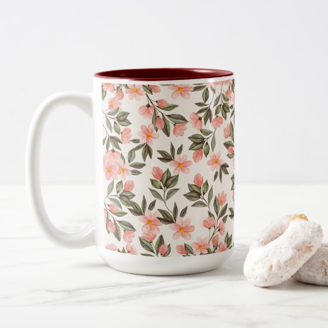 Tasse 2 Couleurs Charme Pastel Peach Floral (Avec donut)