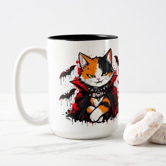 Tasse 2 Couleurs Chat calicot vampire Halloween (Avec donut)