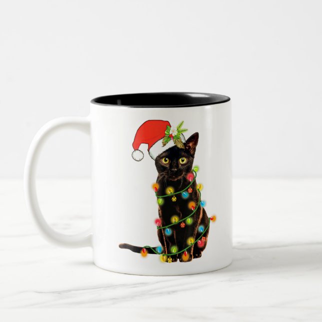 Tasse 2 Couleurs Chat Christmas Funny Meowy Arbre de Noël Chat (Gauche)