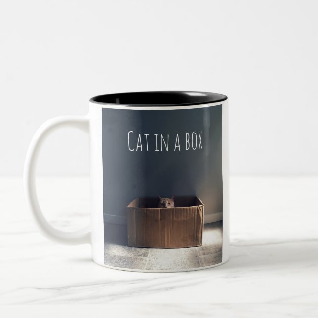 Tasse 2 Couleurs Chat dans une boîte. Le maître du chat Zen. (Gauche)